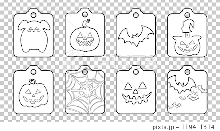 Set of isolated cute Halloween decoration elements for sticker, badge, tag or label on a transparent background, Volume 17: Black outline with white plain. 119411314
