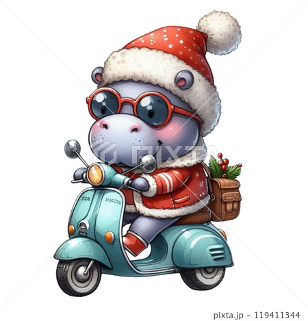 Cute Hippopotamus and Christmas Day Clipart Watercolor  119411344