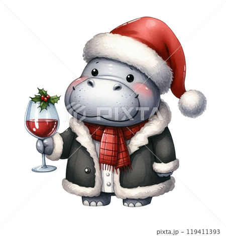 Cute Hippopotamus and Christmas Day Clipart Watercolor  119411393