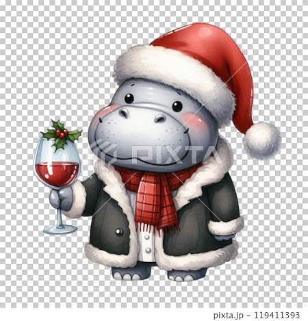 Cute Hippopotamus and Christmas Day Clipart Watercolor  119411393