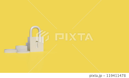 The Lock key and coins on yellow color background for security concept 3d rendering, 119411478