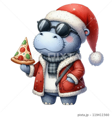 Cute Hippopotamus and Christmas Day Clipart Watercolor  119411560