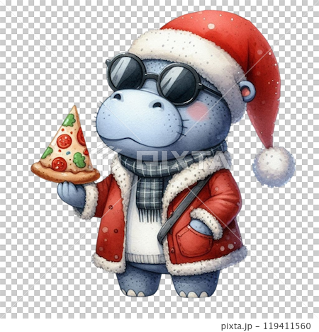 Cute Hippopotamus and Christmas Day Clipart Watercolor  119411560