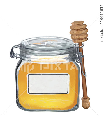 はちみつ(保存瓶)白ラベル、ハニーディッパー付き はちみつ(保存瓶)白ラベル、ハニーディッパー付き 119411656