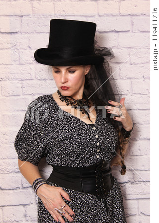 Woman Wearing Vintage Style Fashion. Victorian Steampunk Style Woman Wearing Vintage Style Fashion. Victorian Steampunk Style 119411716
