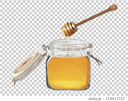 Honey (opened storage jar) without label, with honey dipper 119411727