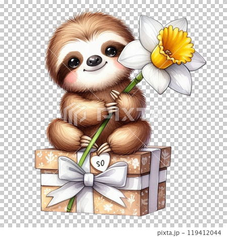 Cute sloth with national flower Clipart Watercolor  119412044