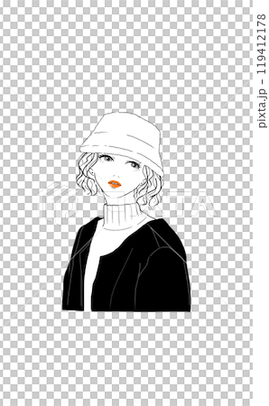 バケットハットをかぶる冬服の女性（ポップなテイスト） 119412178