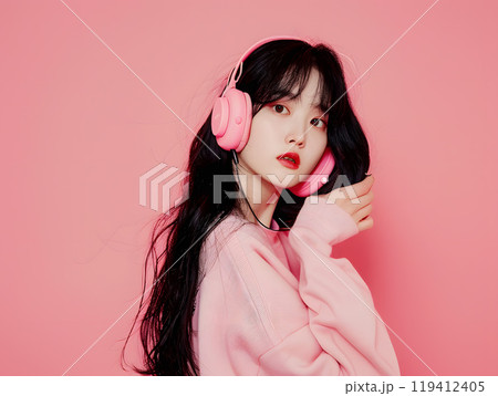 ヘッドフォンを通じて音楽を感じるアジア人女性のファッションフォト ヘッドフォンを通じて音楽を感じるアジア人女性のファッションフォト 119412405