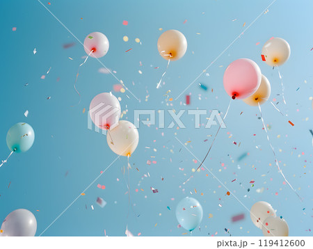 カラフルな紙吹雪と風船と青空 119412600