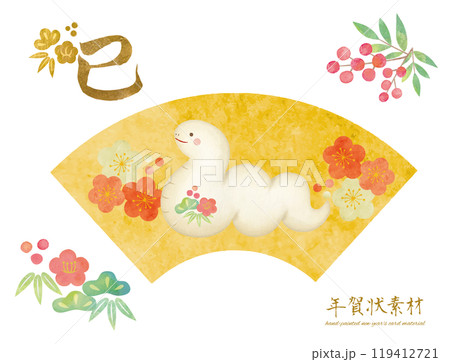 扇面に描かれた可愛い手書きの巳年のイラスト素材 119412721