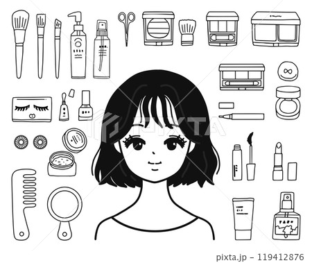 女性とメイク用品のイラストセット　線画 119412876