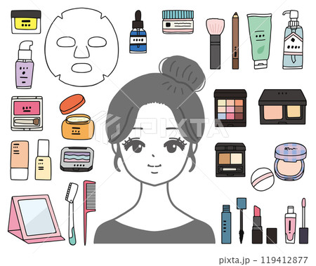 女性と美容アイテムのイラストセット 女性と美容アイテムのイラストセット 119412877