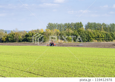 農地を耕す赤いトラクター　北海道帯広市 119412978