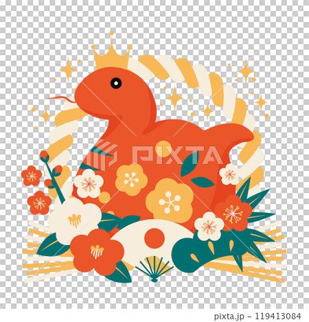 Snake year new year's card icon, retro color, Hinomaru fan, cute, red snake, illustration, shimekazari 119413084