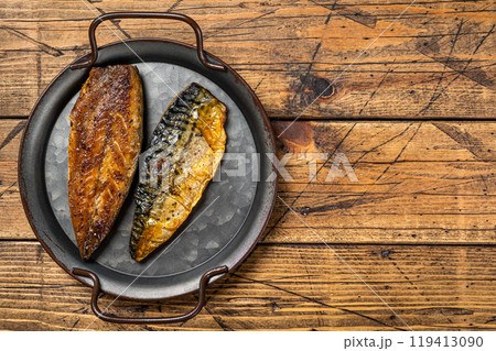 Baked Grilled mackerel fillets. Wooden background. Top view. Copy space 119413090