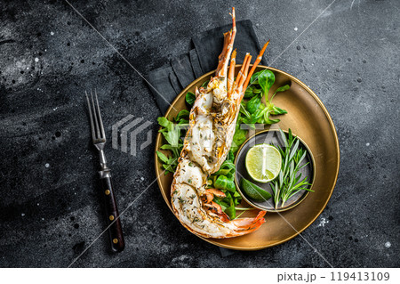 Grilled Spiny lobster with salad on a plate. Black background. Top view 119413109
