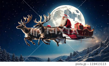 トナカイが引くそりに乗って夜空を飛ぶサンタクロースのイラスト素材