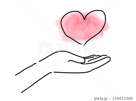 ハートと手のラフな手描きシンプル線画 119413306
