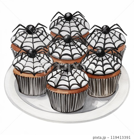 Halloween cupcakes with spider decorations on a white plate. 119413391