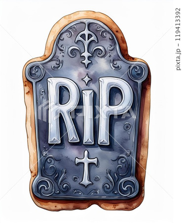 Halloween themed tombstone with RIP inscription, isolated on white background. 119413392