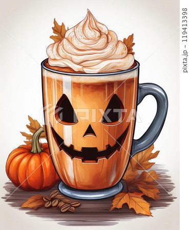 Pumpkin spice latte with whipped cream and autumn leaves, festive Halloween theme. 119413398