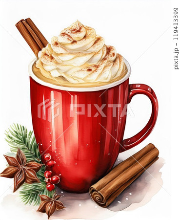 Red mug with whipped cream and cinnamon, festive decoration, white isolated background 119413399