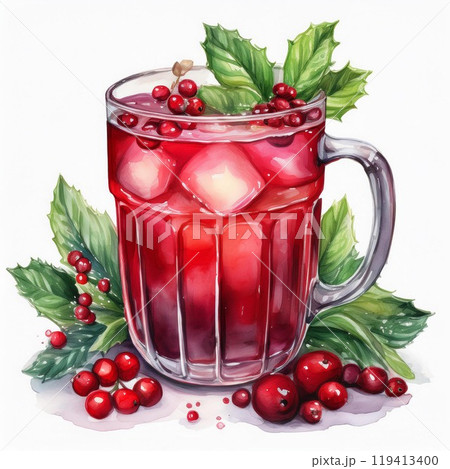 Refreshing cranberry beverage with ice and foliage on a white background 119413400