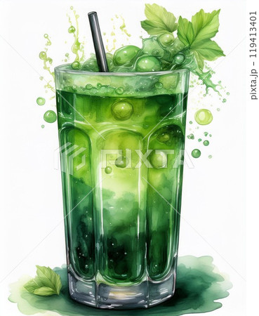 Refreshing green beverage with mint leaves in a tall glass, white isolated background. 119413401