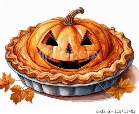 Smiling pumpkin pie with a crust, decorated with autumn leaves, isolated background. 119413402
