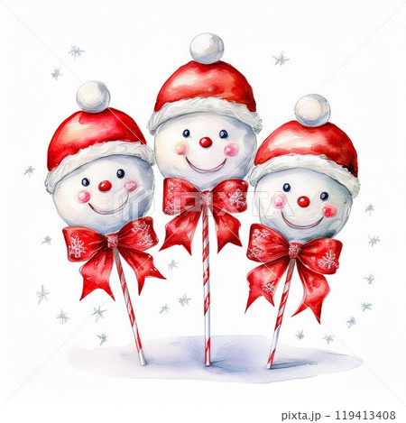 Three festive snowman cake pops with red hats and bows on white background. 119413408