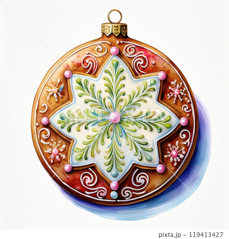 Decorative gingerbread ornament with intricate icing designs, isolated background. 119413427
