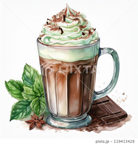 Delicious chocolate mint drink topped with whipped cream and chocolate shavings. 119413428