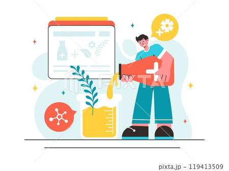 Vector Illustration of Alternative Medicine or Herbal Healing with Energy Therapies, Featuring Ginseng Root, Essential Oils, and Seeds in a Background 119413509