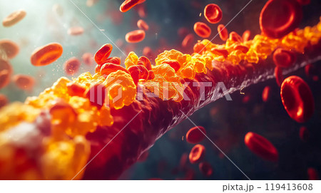 Hyperlipidemia, atherosclerotic plaque. High cholesterol in blood vessel 119413608