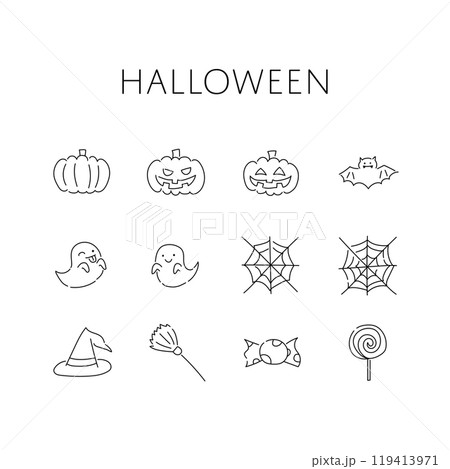 ハロウィンに関するものを集めた手描きのゆるいイラストセット 119413971
