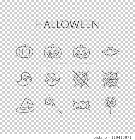 ハロウィンに関するものを集めた手描きのゆるいイラストセット 119413971