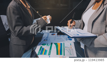 Team of business people are meeting to analyze data for marketing plan,Market research reports and income statistics, Financial and Accounting concept. 119413985
