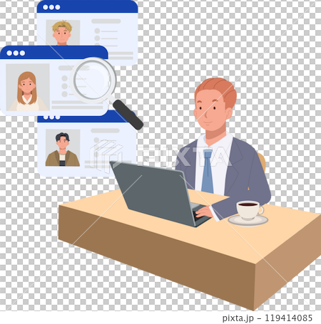 Human Resources Professional Using Magnifying Glass for Job Application Screening and Candidate Review 119414085