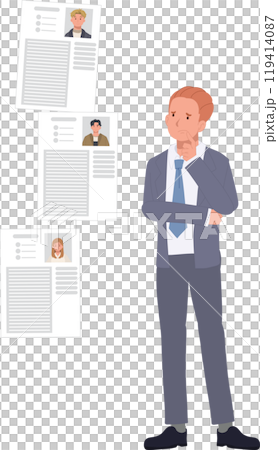 Employer Contemplating Job Application Review. Hiring Decision Process in Business Recruitment Employer Contemplating Job Application Review. Hiring Decision Process in Business Recruitment 119414087