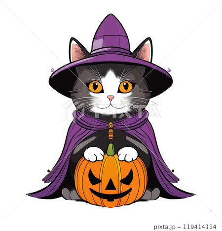 ハロウィンイラスト｜魔女に仮装した可愛い黒猫とジャック・オー