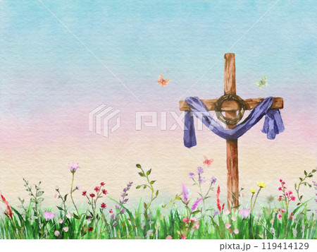 草原の十字架と蝶の水彩イラスト 119414129