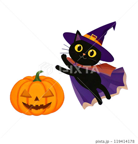 ハロウィンかぼちゃのかぼちゃと黒猫と赤いコウモリ 119414178