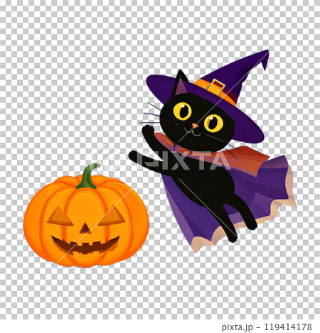 ハロウィンかぼちゃのかぼちゃと黒猫と赤いコウモリ 119414178