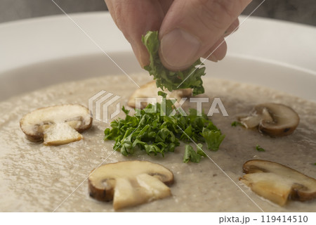きのこのポタージュ ポタージュにマッシュルームとパセリを乗せる トッピング きのこのポタージュ ポタージュにマッシュルームとパセリを乗せる トッピング 119414510