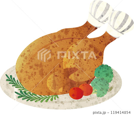 christmas　クリスマス　ローストチキン　パーティ　料理　水彩　手描き　アナログ　イラスト素材 119414854