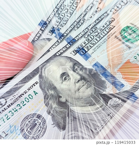 A Fan of $100 Bills.A close-up photo of a fan of $100 US dollar bills. The bills are arranged neatly, with the portrait of Benjamin Franklin visible on each bill.  119415033