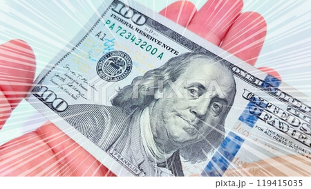 A Fan of $100 Bills.A close-up photo of a fan of $100 US dollar bills. The bills are arranged neatly, with the portrait of Benjamin Franklin visible on each bill.  119415035