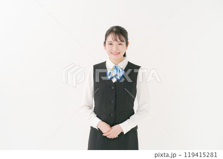 お勧めポーズをする制服姿の女性 119415281