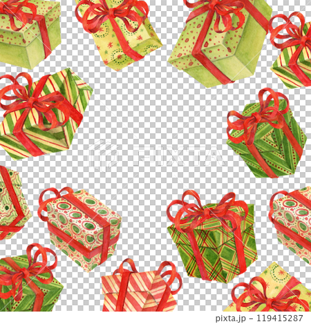 Background with isolated different flying and falling gift boxes in festive wrapping paper with red ribbons and bows. Holiday frame with empty place for text in the center for postcards or covers 119415287